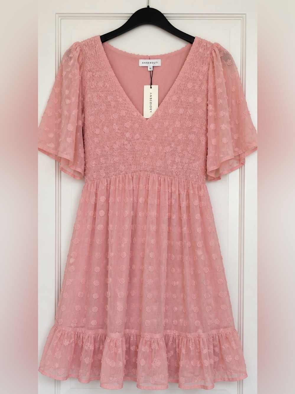 Pink Swiss Dot Mini Dress Smocked Flutter Sleeve NWT Size M